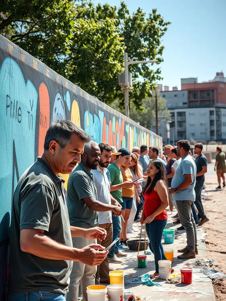 A group of diverse individuals collaborating on a community art project, showcasing the power of art to unite and inspire.
