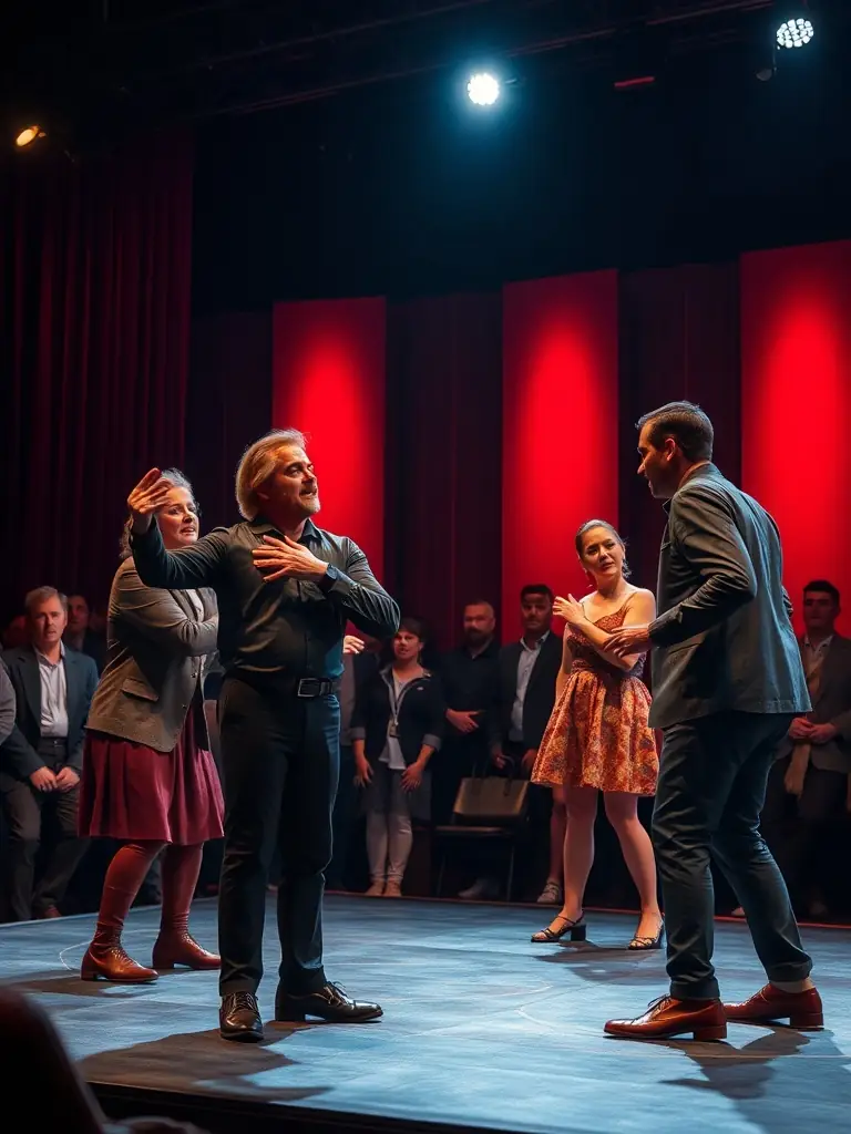 An image of a vibrant stage with actors performing in front of an engaged audience, capturing the energy and emotion of live theater.