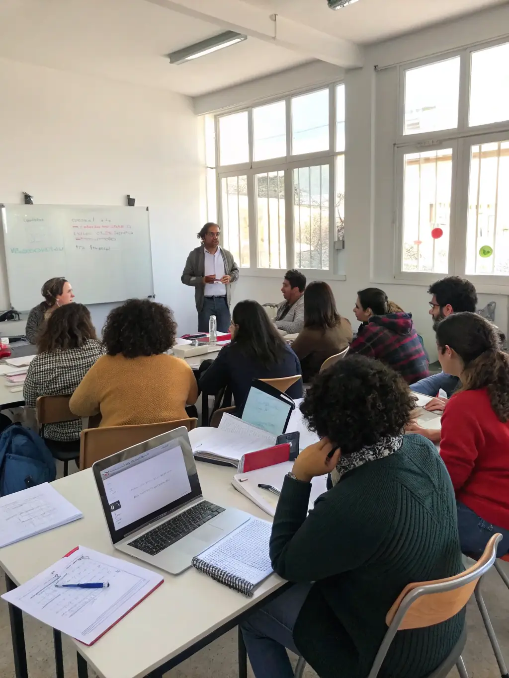 A photo of a lively workshop with participants engaging in theatrical exercises and artistic activities under the guidance of facilitators.