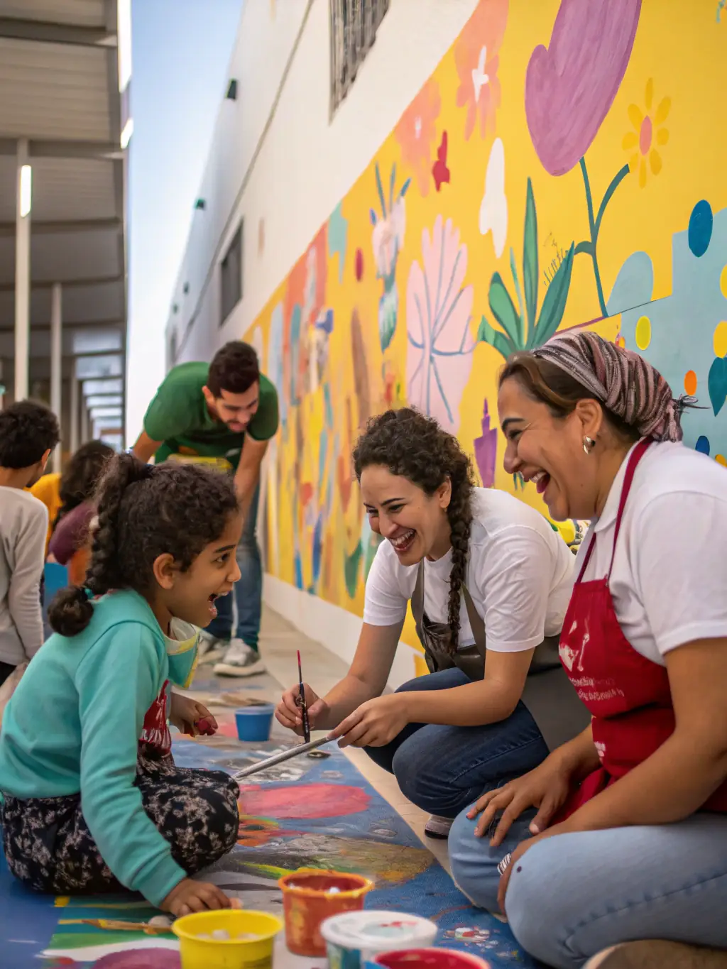 A photo of participants creating art during a cultural project, emphasizing inclusivity and community involvement, set in a public space.