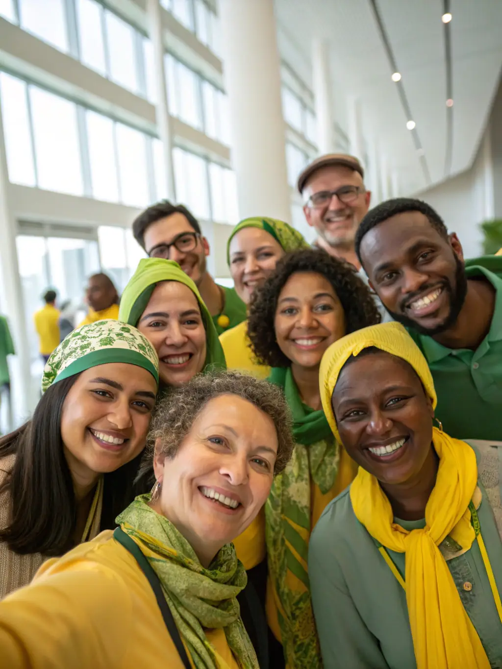 A diverse group of people laughing and interacting during a community theater performance, showcasing the joy and connection fostered by LA COMPAGNIE DE L AUBE's theatrical productions.