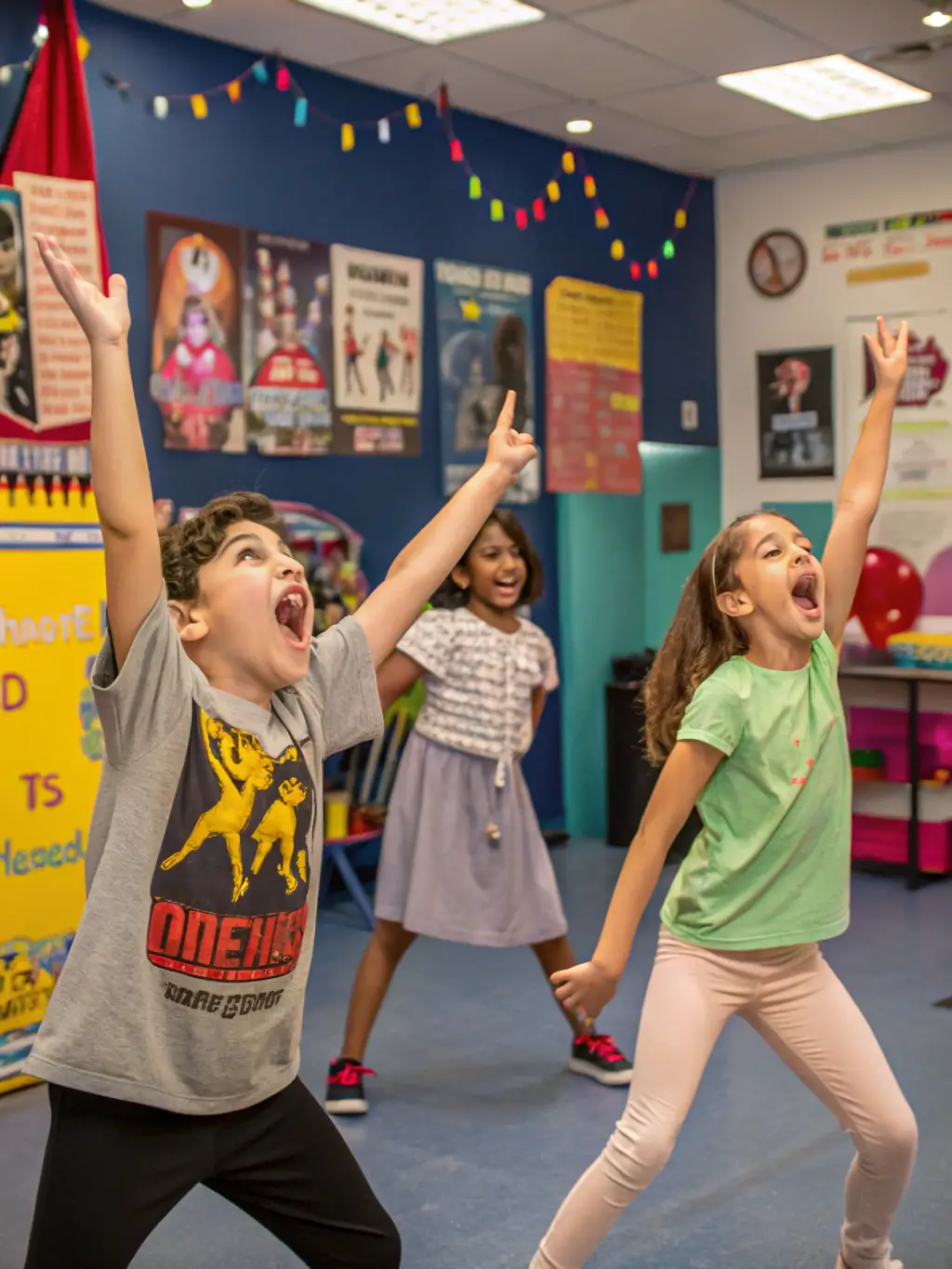 A vibrant photo of children participating in a theatre workshop, focused on creative expression and teamwork, set in a community center.