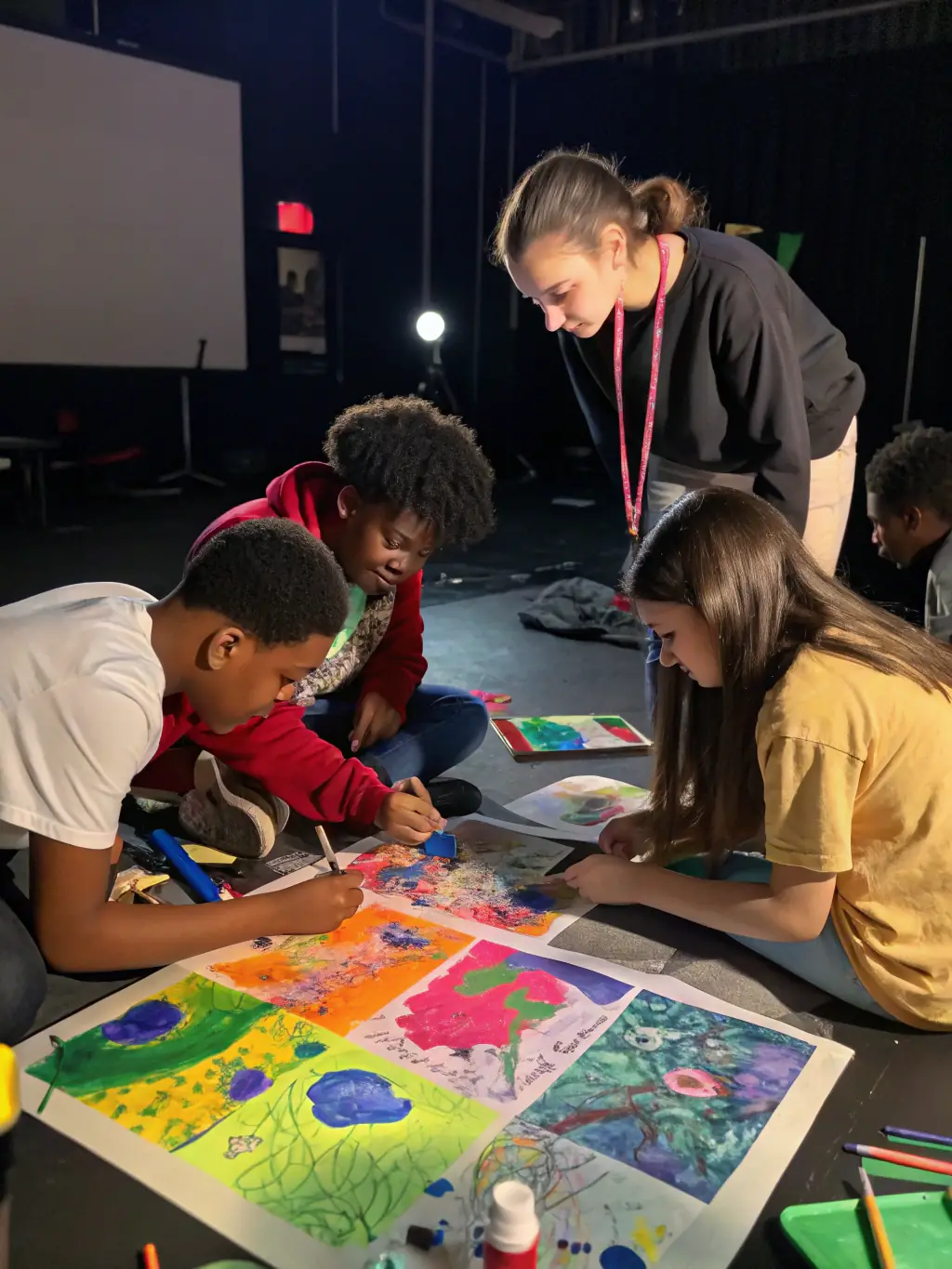 A vibrant scene from an art workshop, with participants of all ages collaborating on a mural, demonstrating the inclusive and creative environment LA COMPAGNIE DE L AUBE provides.
